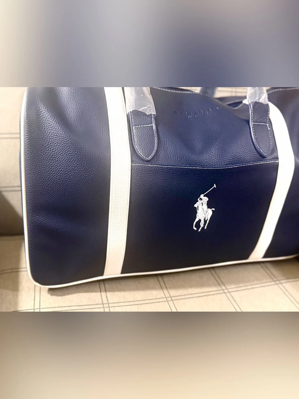 Classic !Ralph Lauren Navy and White Polo Large Vegan Leather Duffel Bag